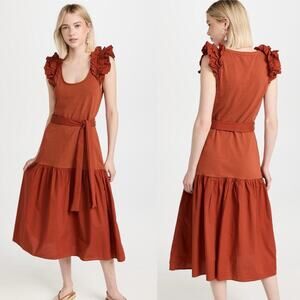 Nation LTD Everleigh Frilly Dress Cayenne XS Cotton Ruffle Midi Length